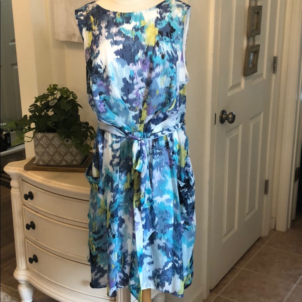 dressbarn Blue Floral Watercolor Tie-Waist Sundress